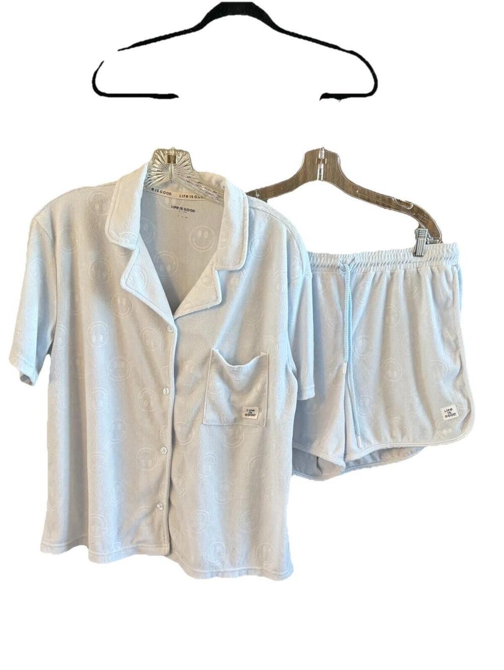 Life is Good Pajama Set Womens Large Light Blue Smiley Button Up Top Shorts
